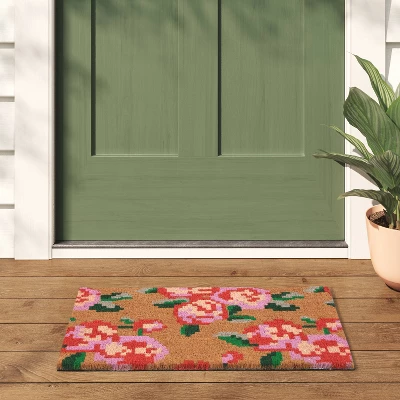 1'4"x2'4" Floral Coir Doormat Red/Pink - Room Essentials™ 1 1'4"x2'4" Floral Coir Doormat Red/Pink - Room Essentials™